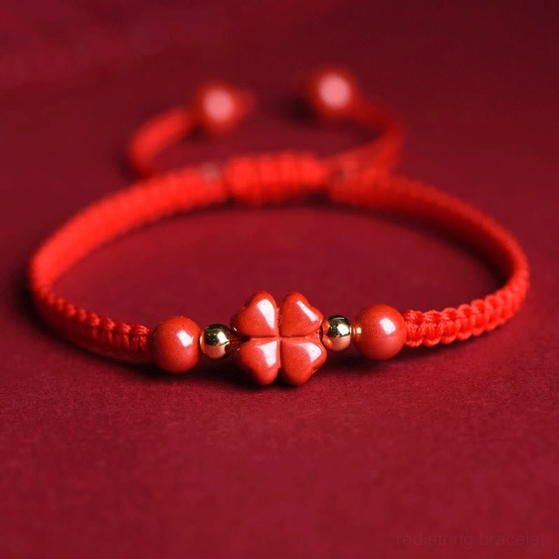 Lucky four-leaf clover cinnabar red string bracelet prosperity charm