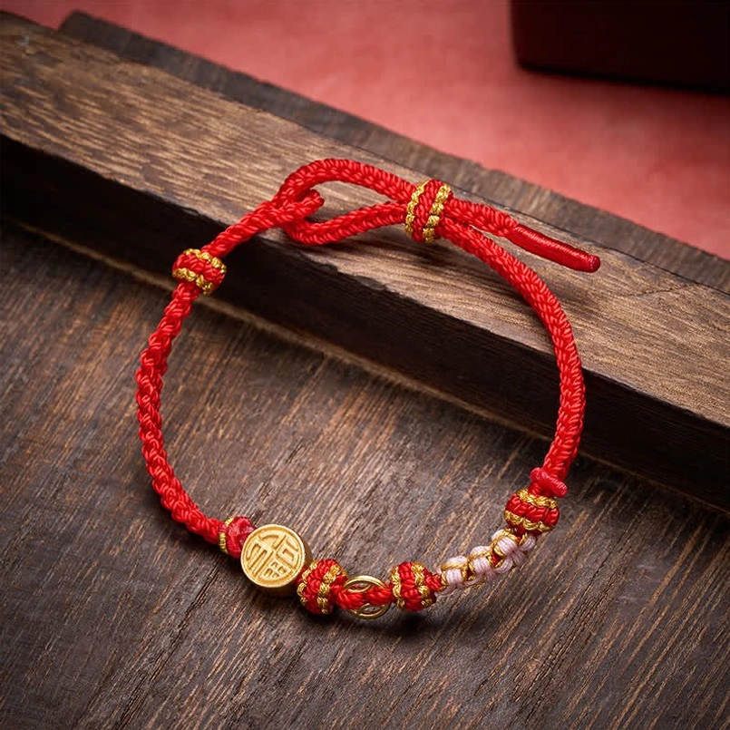 Bright red cord Fu character red string bracelet flat lay on dark wooden table