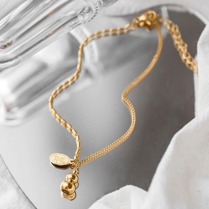 Curb chain lucky gourd anklet with dual dangle pendants and Chinese character tag