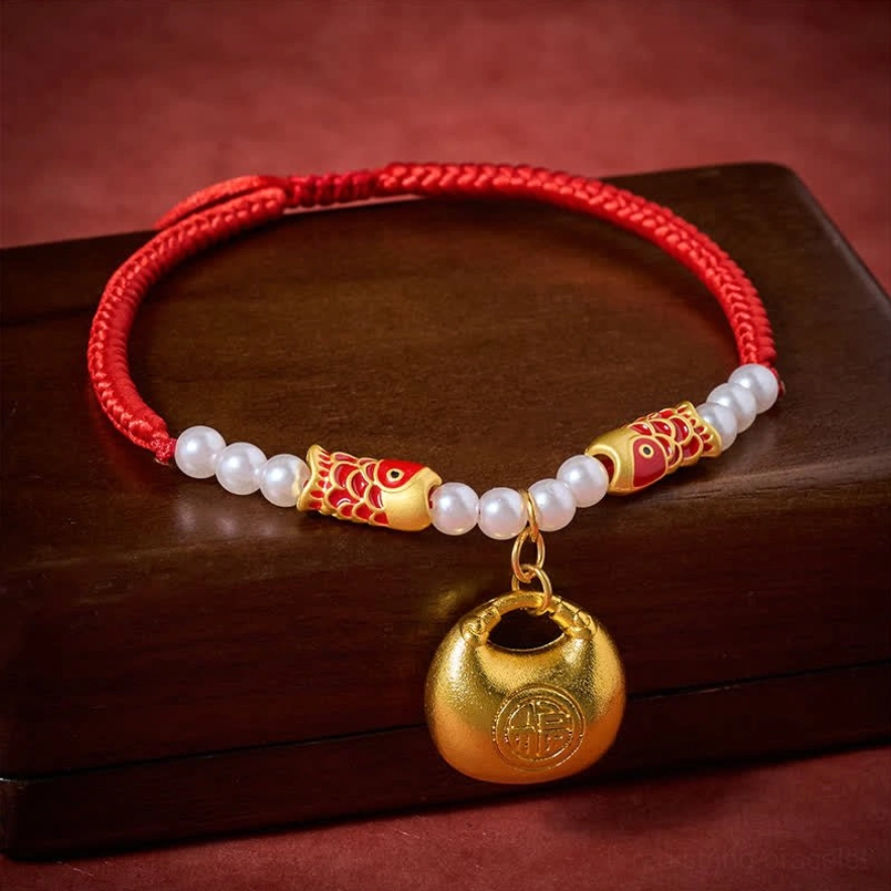 Handcrafted lucky red collar with pearl accents and golden koi fish charm pendant