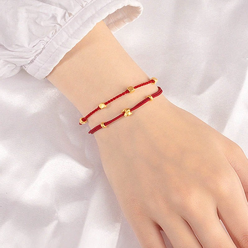 lucky red string bracelet with solid 999 gold beads and rabbit charm