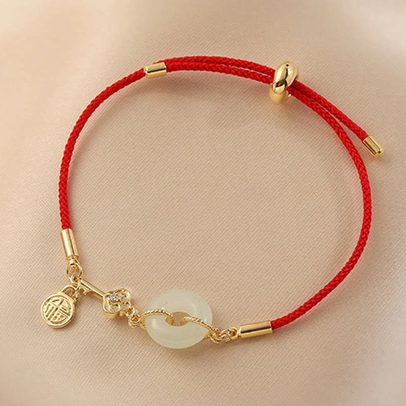 Lucky red string bracelet with Hetian jade peace buckle and 18K gold plated charms
