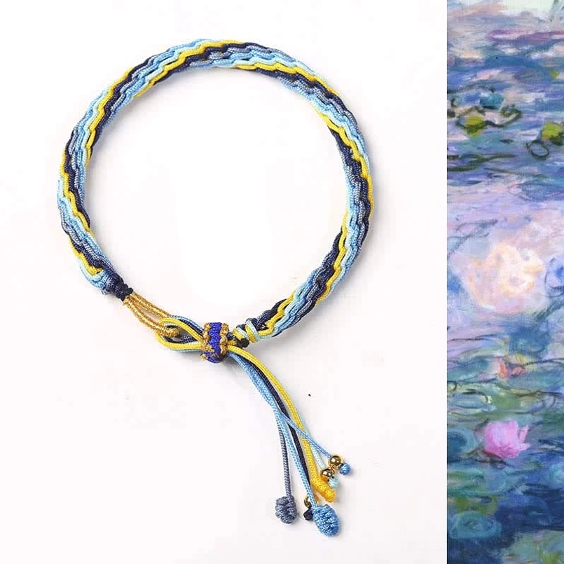 Yellow and blue mixed weave lucky bracelet with small bead tassel and adjustable sliding knot
