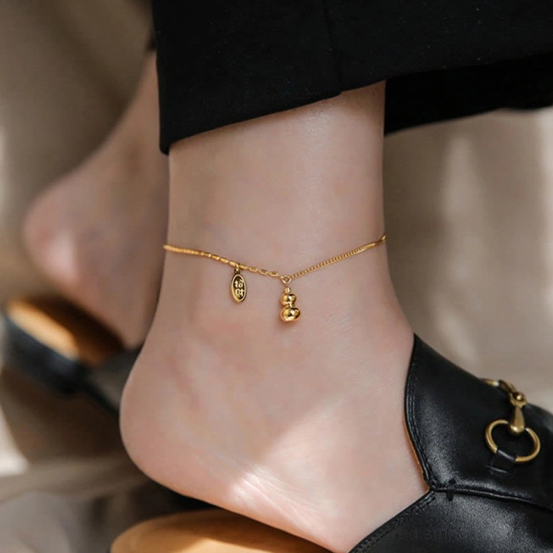 Luxury gold plated lucky gourd anklet with engraved prosperity charms