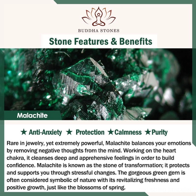 Malachite stone close-up showing anti-anxiety and calming properties with natural green mineral texture