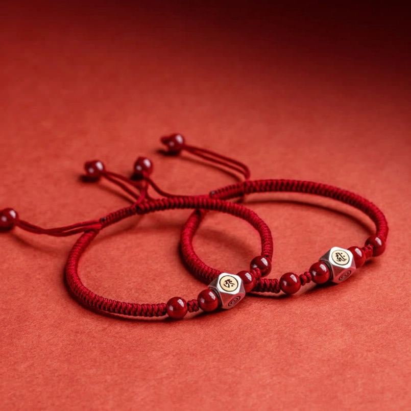 Pair of matching red string zodiac natal buddha bracelets with identical silver guardian beads and cinnabar accent beads