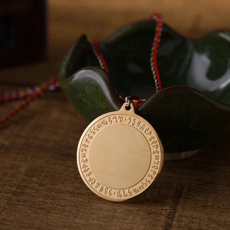 Medicine Buddha mantra pendant necklace blank back titanium steel gold finish with colorful braided rope