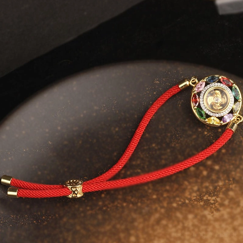 Meditation rotation bracelet with multicolor zircon copper stone and red cord blessing