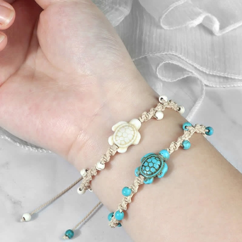 Milky white turtle rope bracelet handcrafted detail shot