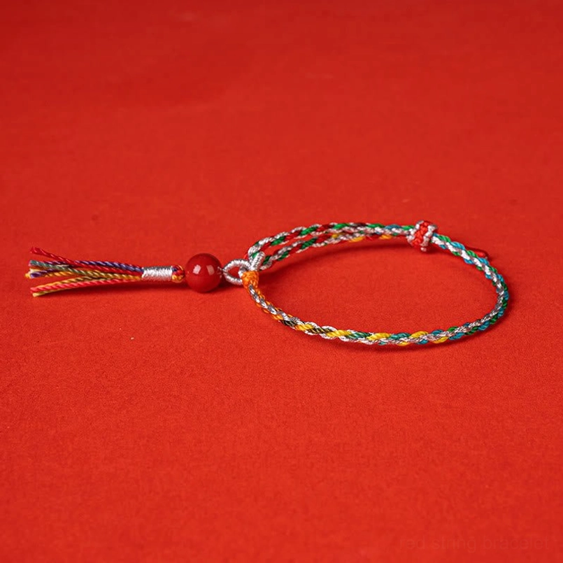 Mini compact cinnabar bead small tassel string bracelet