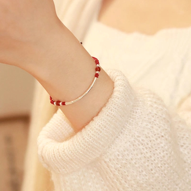 Minimalist silver bamboo tube bead red string bracelet side wear