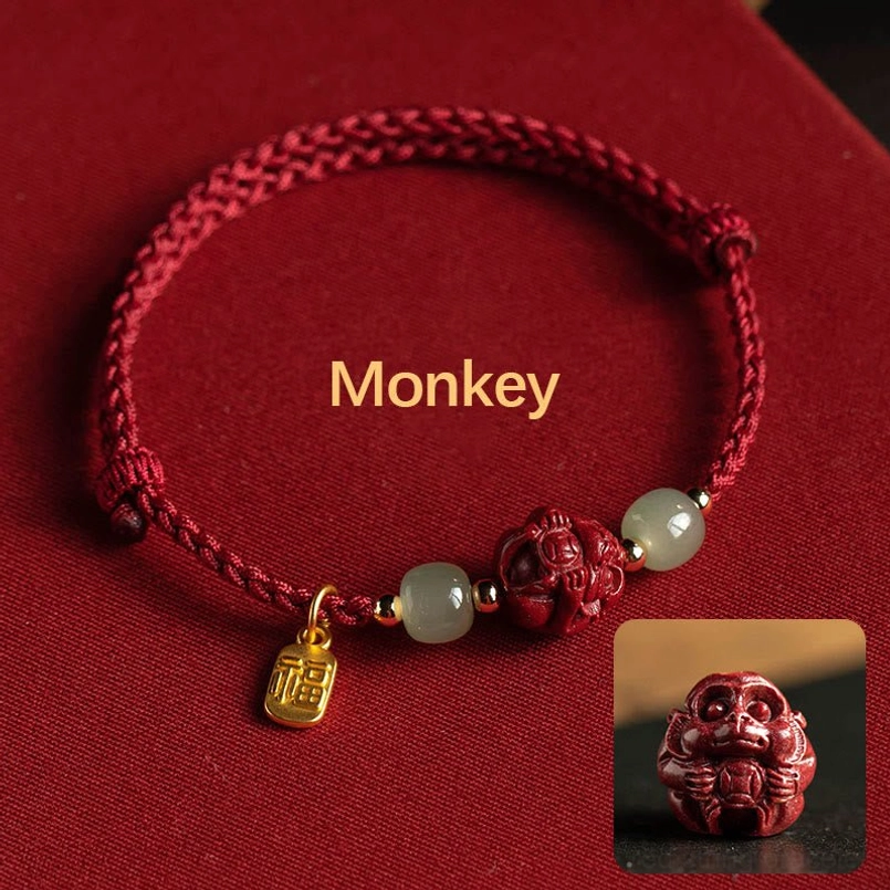 Monkey zodiac cinnabar jade fu luck bracelet with red string - Chinese zodiac design