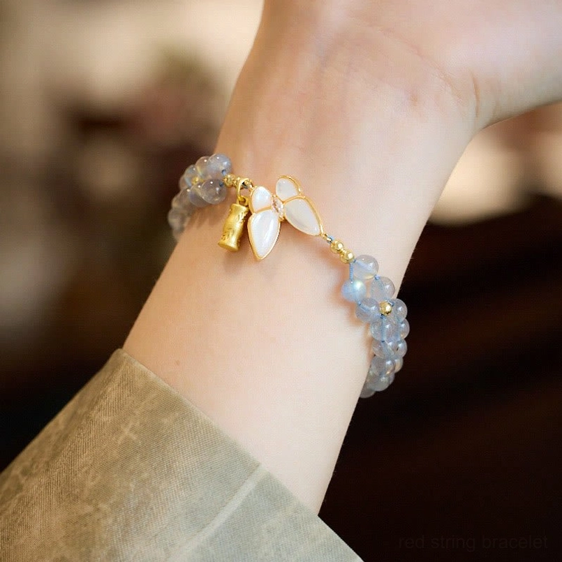 Moonstone Butterfly Bamboo Healing Bracelet Worn On Wrist Close Up