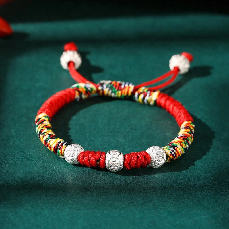 Full multicolor braided King Kong knot kids bracelet with colorful woven rings and engraved silver beads