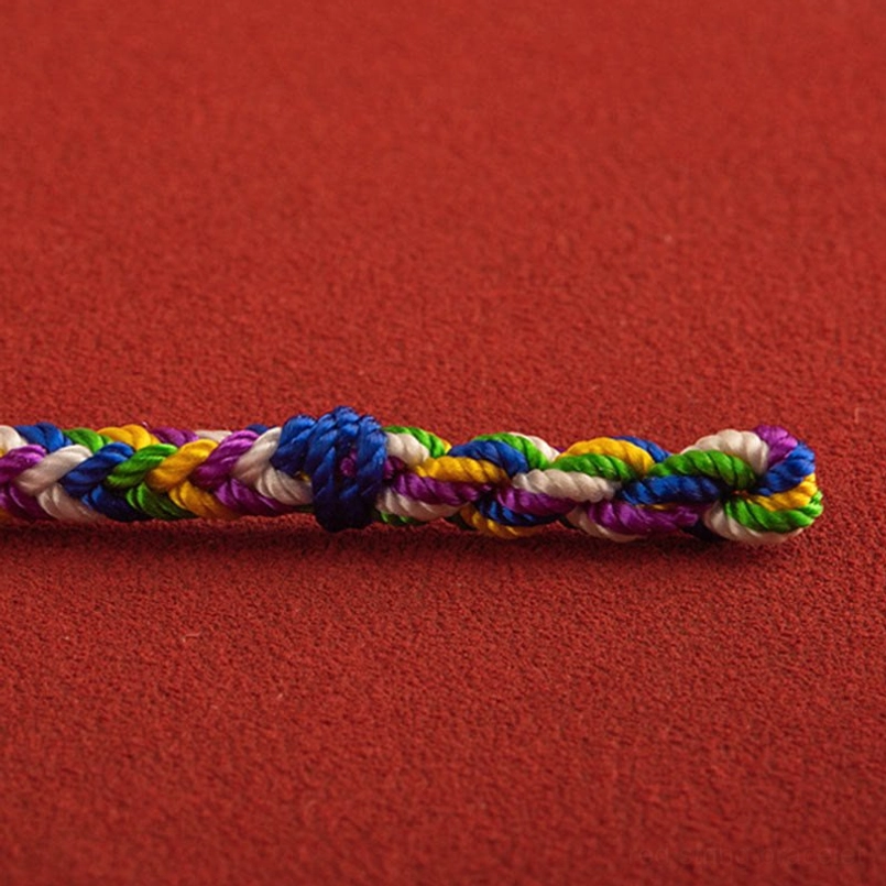 Flat lay view of braided multicolor lucky bracelet segment showing knot detail and vibrant colors
