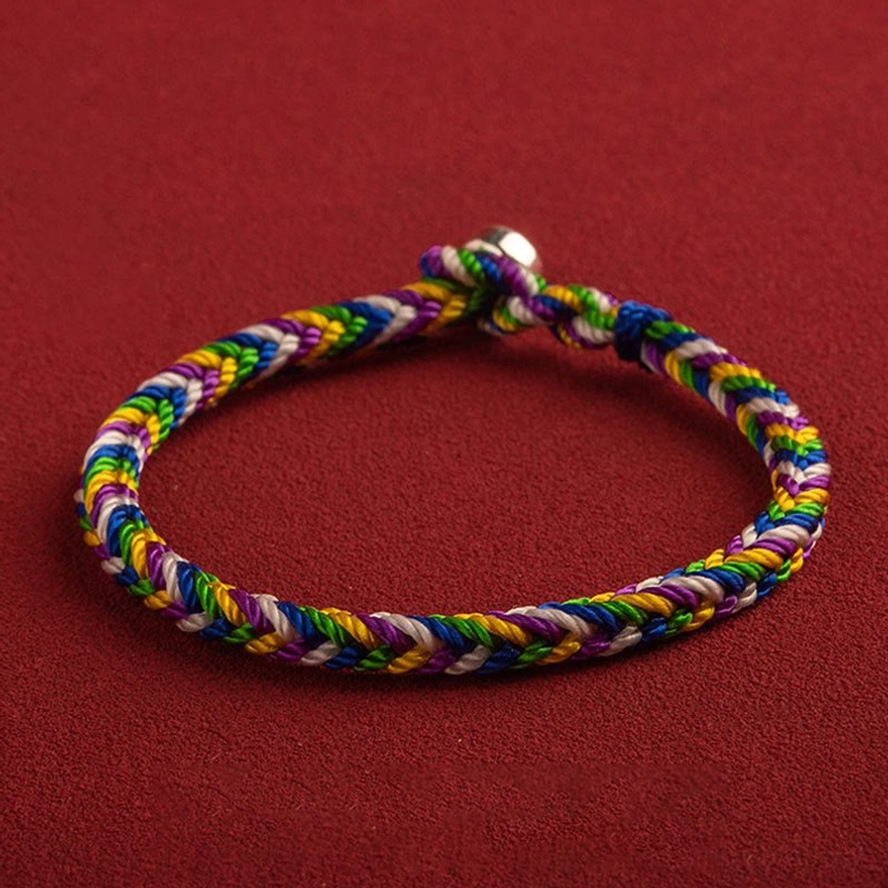 Five-element braided lucky bracelet with colorful rope design and metal fastener, side view