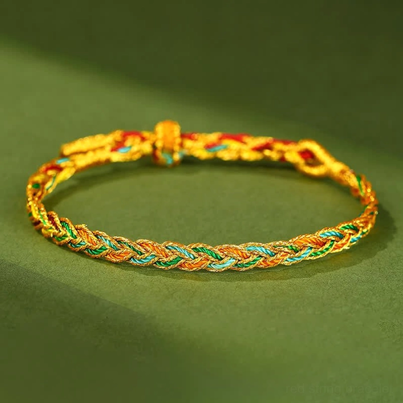 Multicolor hand-woven red string braided bracelet with adjustable toggle closure, featuring mixed blue, white, red, and green fibers in traditional Tibetan Buddhist style