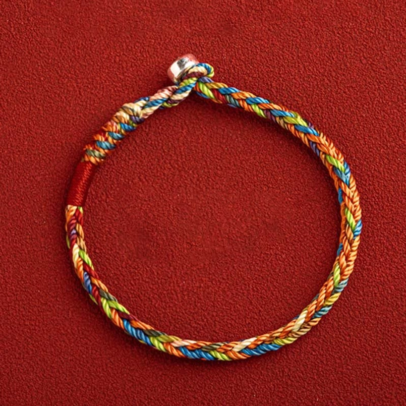 Full circular multicolor red string bracelet with vibrant mixed colors and silver metal buckle