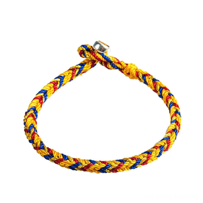 Handcrafted multicolor red string bracelet with eight-thread sacred weave and silver magnetic clasp on white background