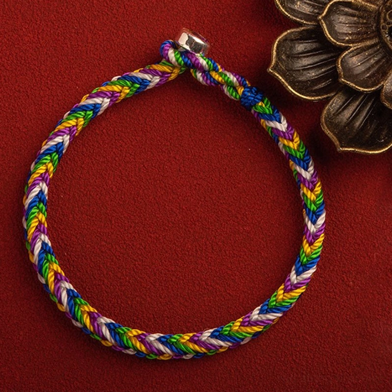 Handcrafted multicolor red string bracelet with lotus motif, full loop design