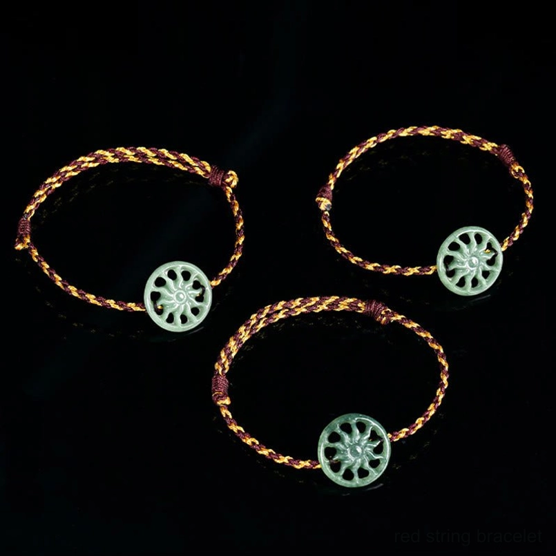 Three matching jade sun braided luck bracelets flat lay display