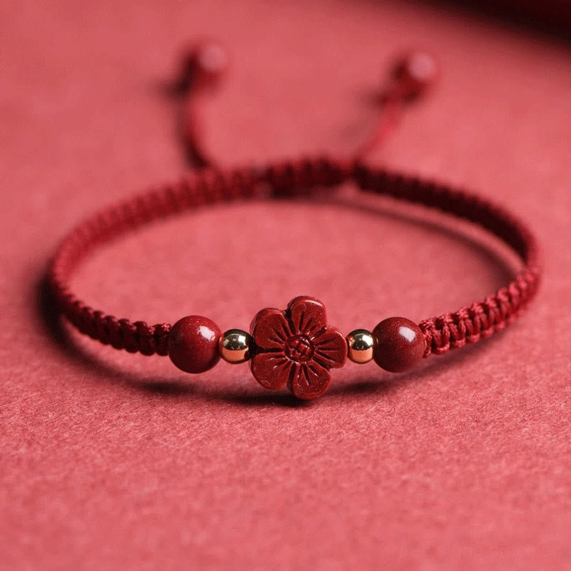 Natural cinnabar five-petal flower charm red string bracelet