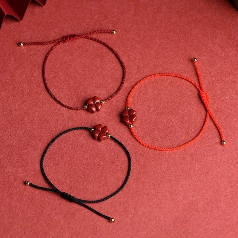 Natural cinnabar stone four leaf clover red string protection bracelet spiritual jewelry