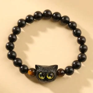 Natural ebony wood cat head beaded red string bracelet top view