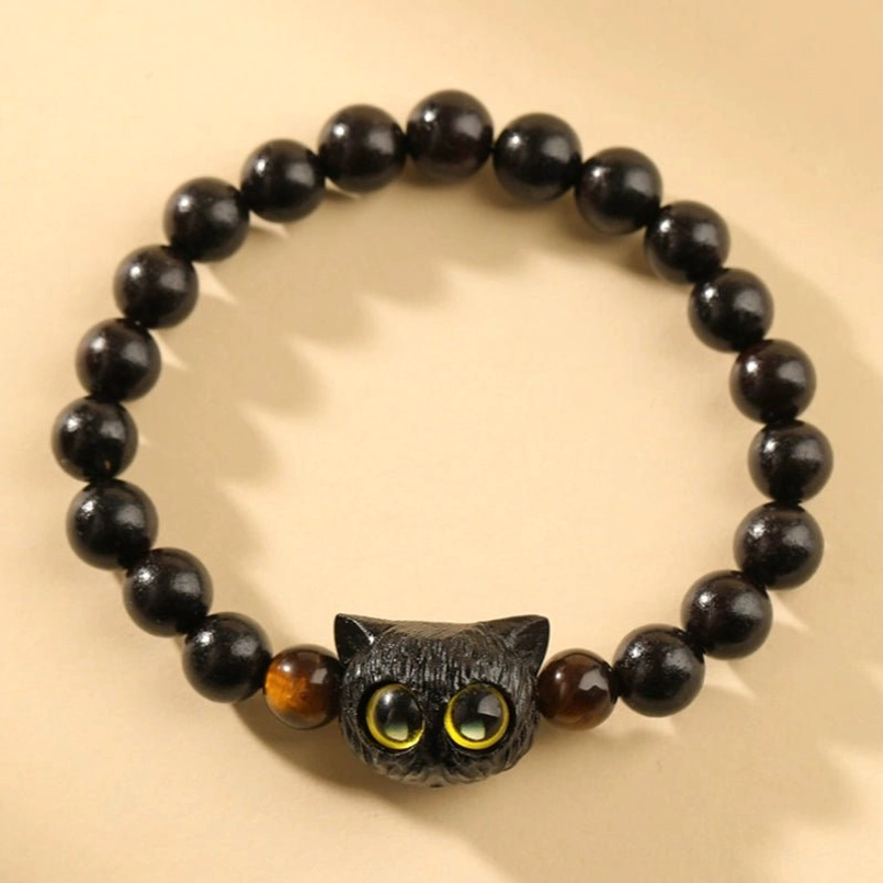 Natural ebony wood cat head beaded red string bracelet top view