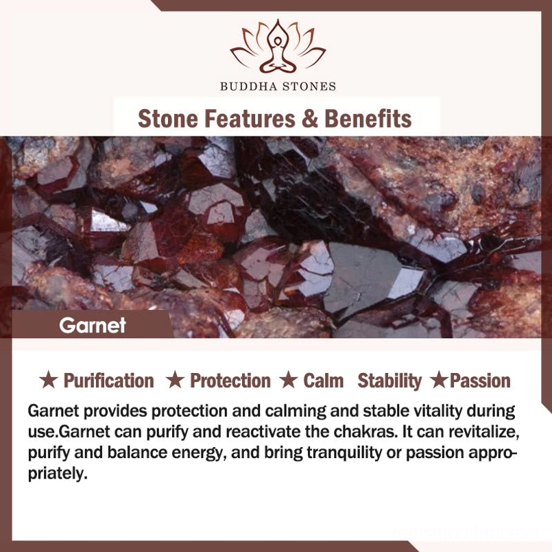Natural garnet gemstone raw specimen with healing properties and efficacy description card