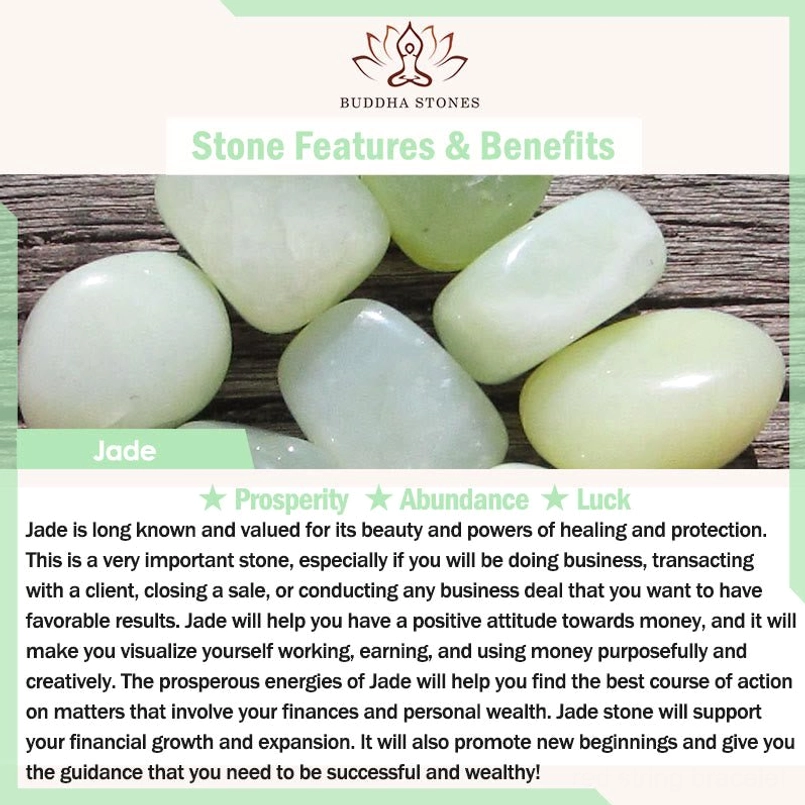 Jade stone benefit guide showing polished jade pieces on wooden table for luck and prosperity