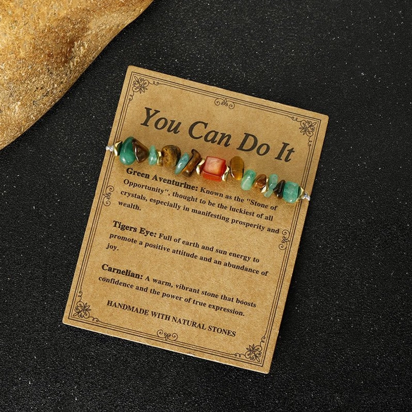 Kraft paper information card displaying crystal stone properties and meanings