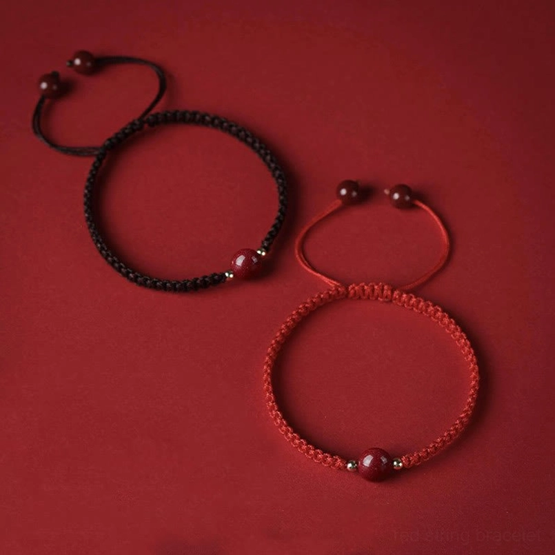 Navy blue cinnabar bracelet with handmade red string and natural stone bead