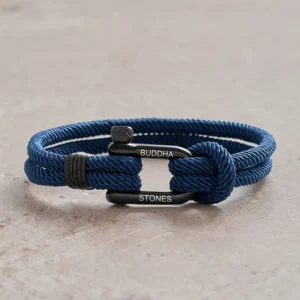 Navy blue titanium steel shackle rope bracelet with black metal buckle - front overhead view