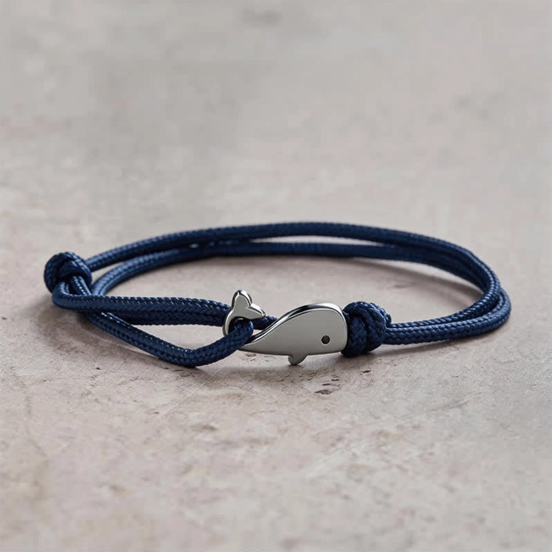 Navy blue double wrap braided whale charm bracelet - spiritual protection cord