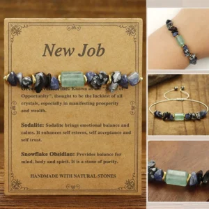 New Job crystal bracelet with green aventurine sodalite snowflake obsidian beads on wooden surface
