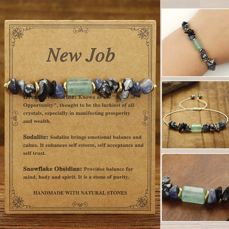 New Job crystal bracelet with green aventurine sodalite snowflake obsidian beads on wooden surface