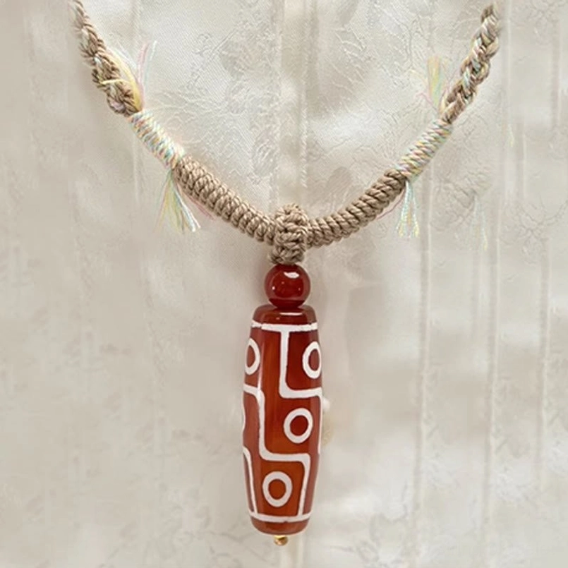 Nine Eye Dzi Bead Red Agate Pendant Rope Jewelry Flat View