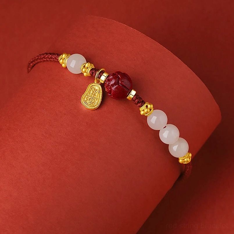 Oblique Side View of Hetian Jade Cinnabar Red String Luck Bracelet