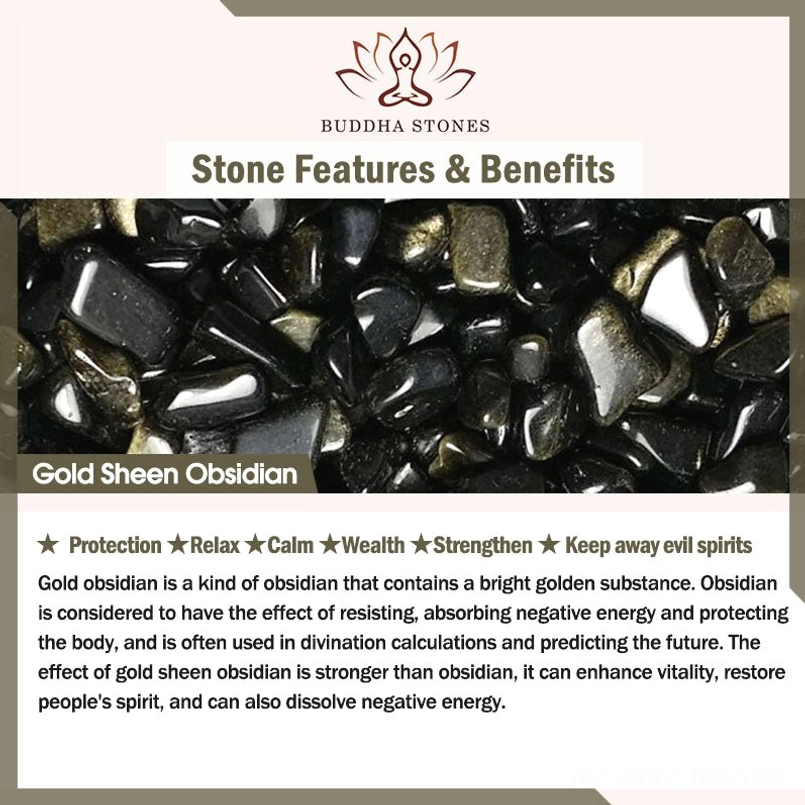 Gold Sheen Obsidian benefits information sheet highlighting protection, wealth, calmness, and spiritual properties