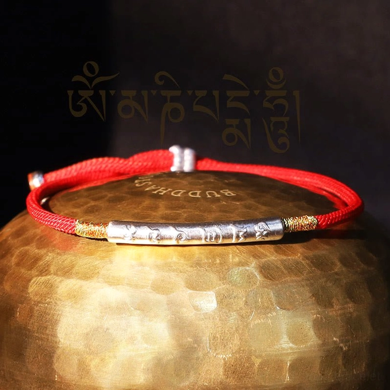 Sterling silver Om Mani Padme Hum Tibetan red string bracelet with natural silver engraved mantra tube bead