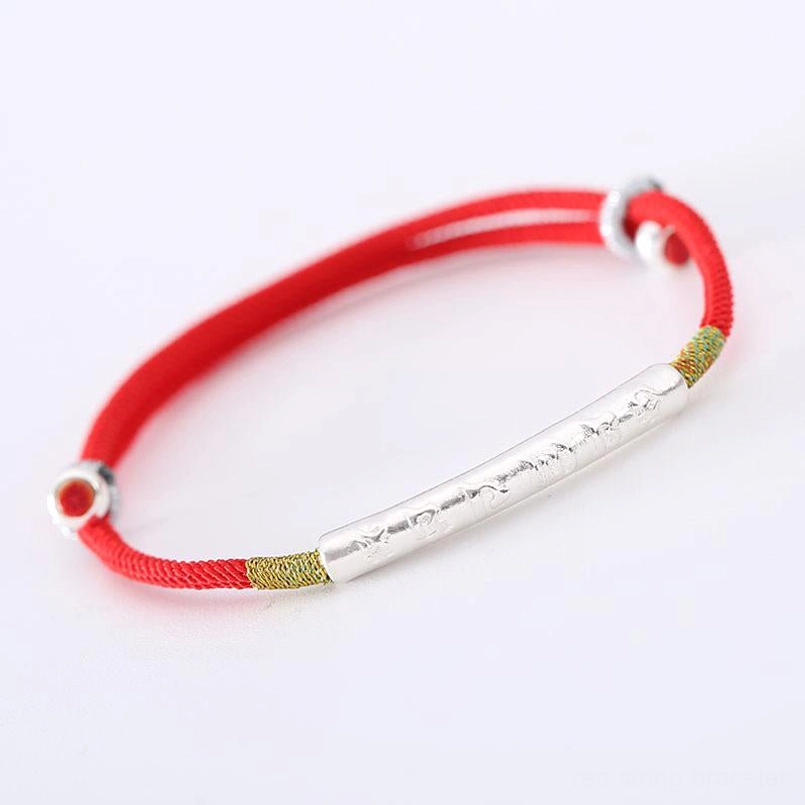 Om Mani Padme Hum Tibetan red string bracelet featuring adjustable braided cord and sacred mantra silver bead