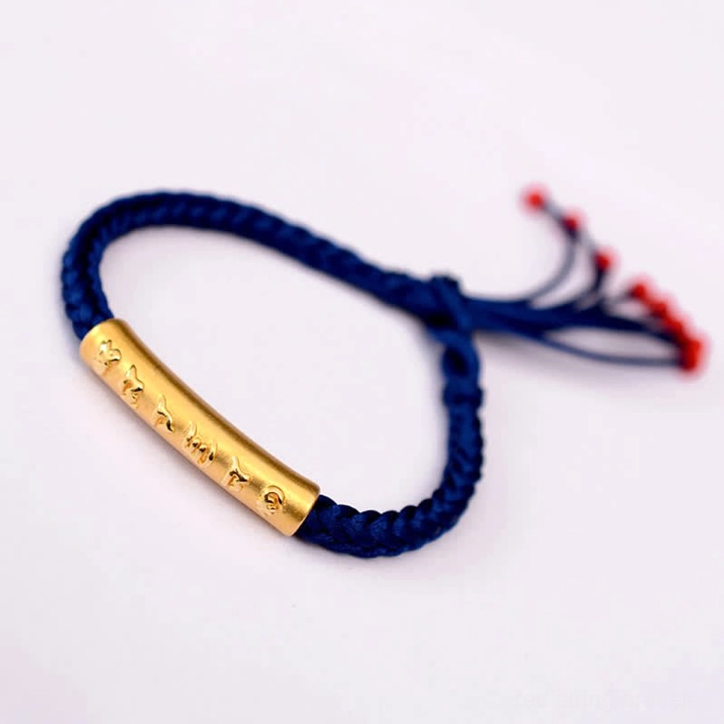 Om Mani Padme Hum blue string bracelet 999 sterling silver plated gold version
