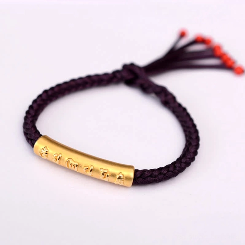 Om Mani Padme Hum dark purple string bracelet gold-plated silver tube tibetan