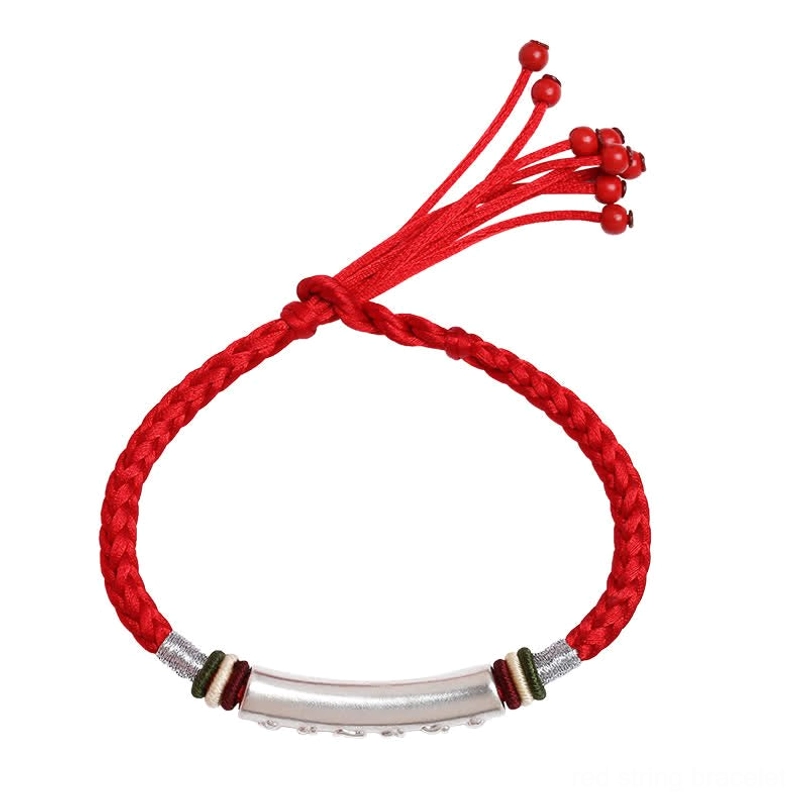 Om Mani Padme Hum sterling silver red string bracelet front display view