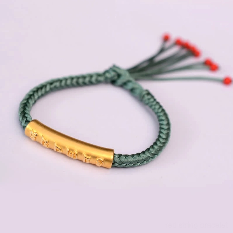 Om Mani Padme Hum green string bracelet with 999 silver plated gold tube