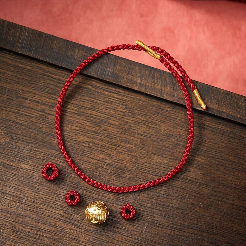 Tibetan red bracelet with loose charm accessories showing adjustable cord ends and gold bead