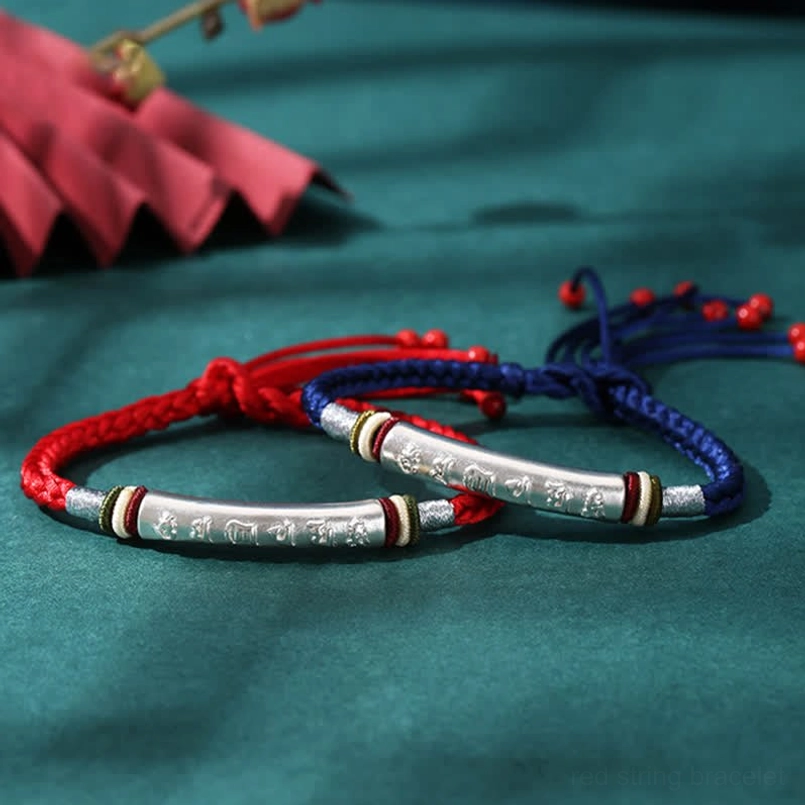 Om Mani Padme Hum red string bracelet with protective silver tube mantra