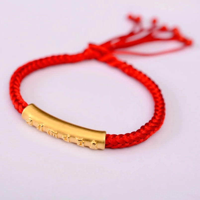 Om Mani Padme Hum red string bracelet gold-plated silver tube variant