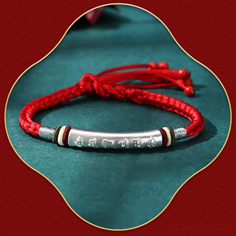 Single Om Mani Padme Hum red string bracelet with adjustable tassel closure